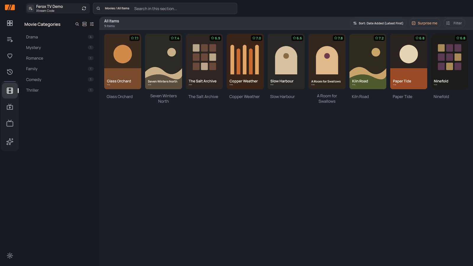 Films from your playlist: posters with ratings, categories on the left and a Surprise me button.