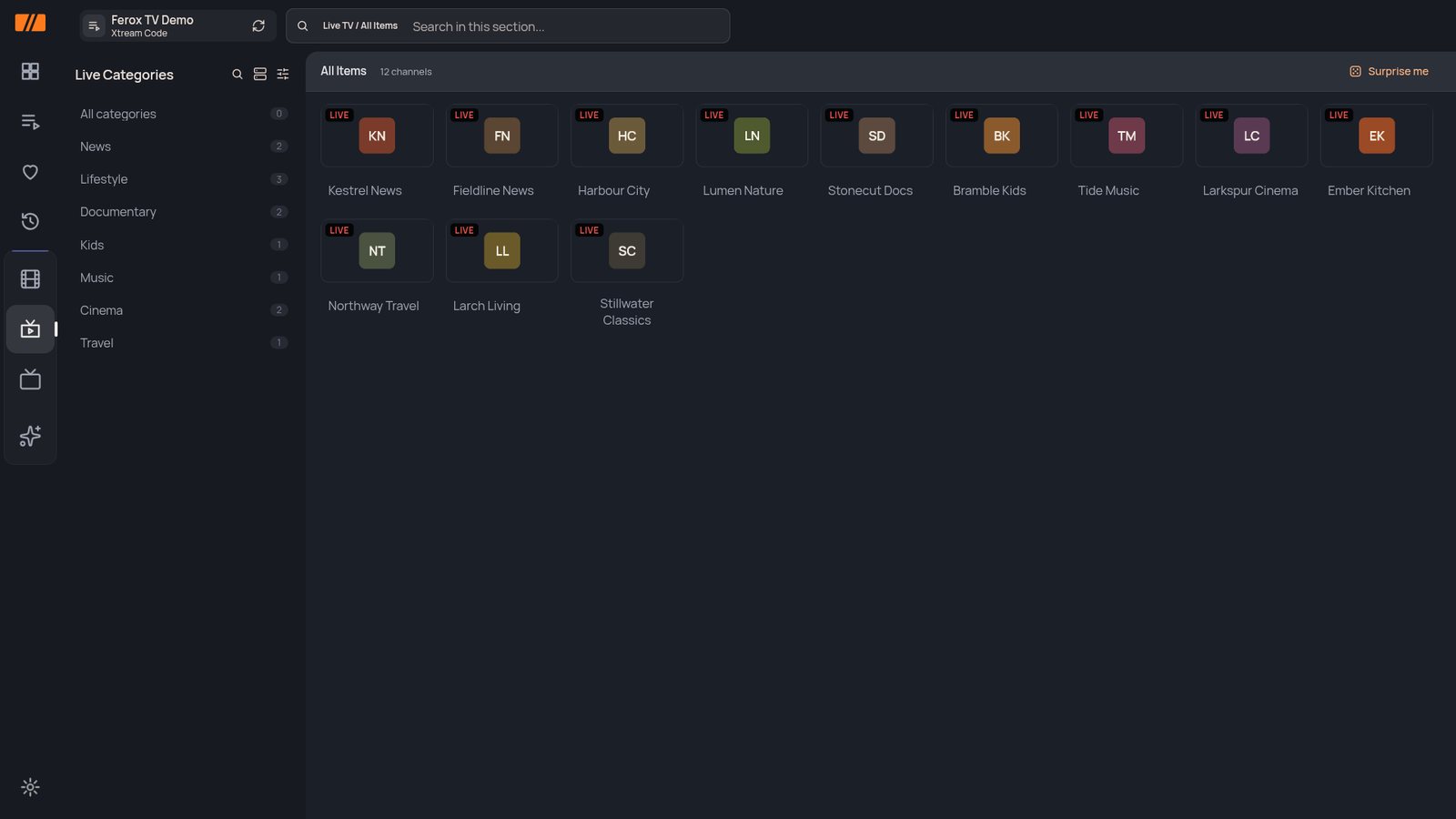 Live TV: channels from your playlist, sorted into categories such as News and Documentary.