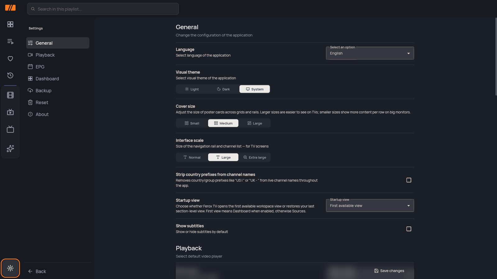 Settings: language, light or dark theme, cover size and interface size.